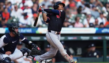 Cleveland Guardians' Jose Ramírez celebrates his two-run home run against the Detroit Tigers during the seventh inning of a baseball game Thursday, Sept. 18, 2025, in Detroit. (AP Photo/Paul Sancya)