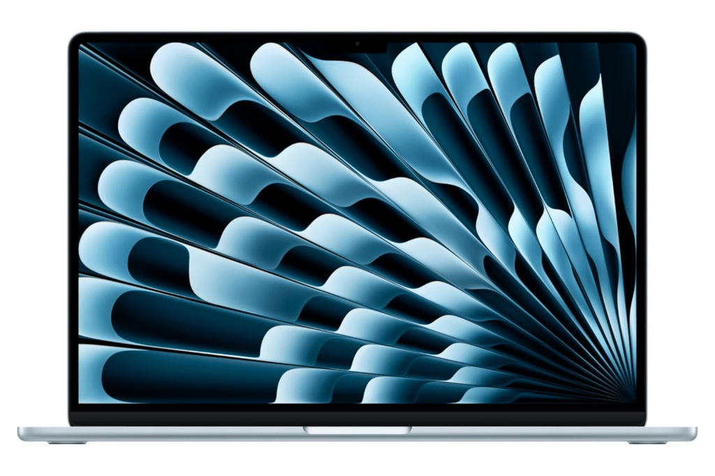 An Apple MacBook laptop with a screen displaying blue, wavy patterns.