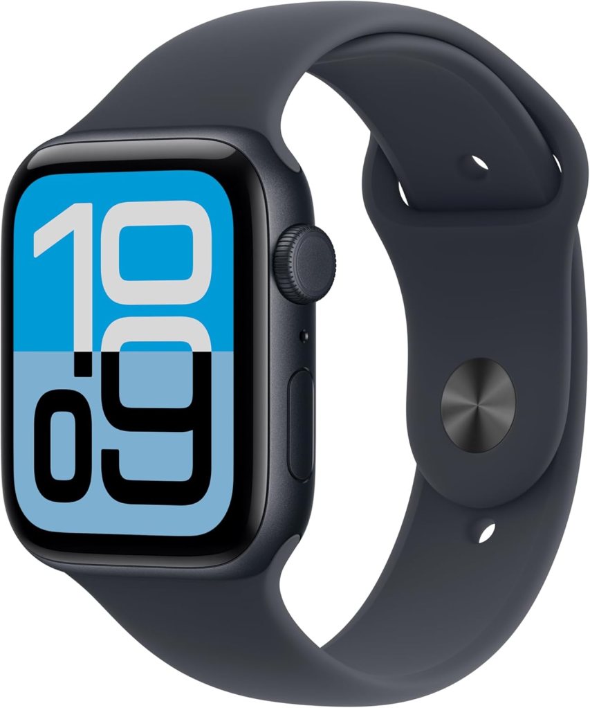 Apple Watch SE with a dark blue sport band showing 10:09 on the screen.