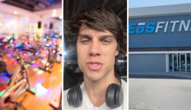 gym interior (l) man shares EOS fitness experience (c) EOS Fitness entrance (r)