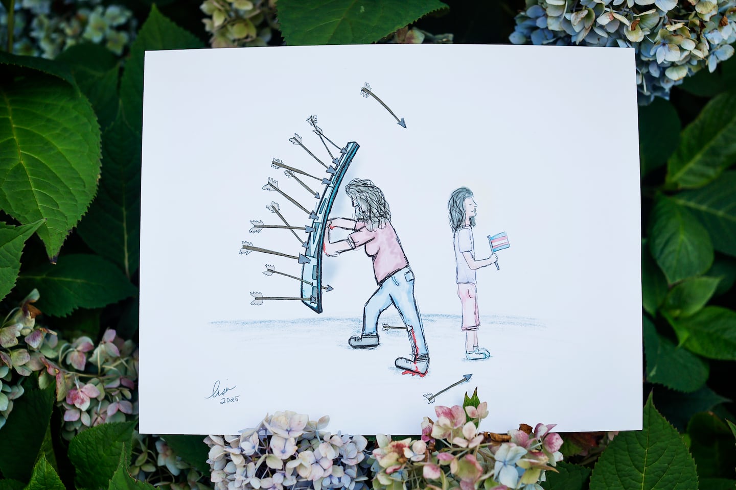 An illustration by Lisa Thornton shows herself shielding her daughter from arrows flying through the air.