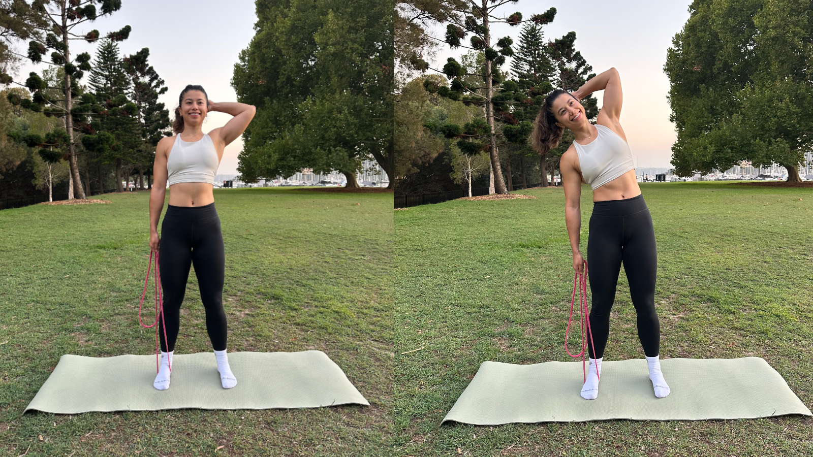 Woman doing resistance band exercise in park