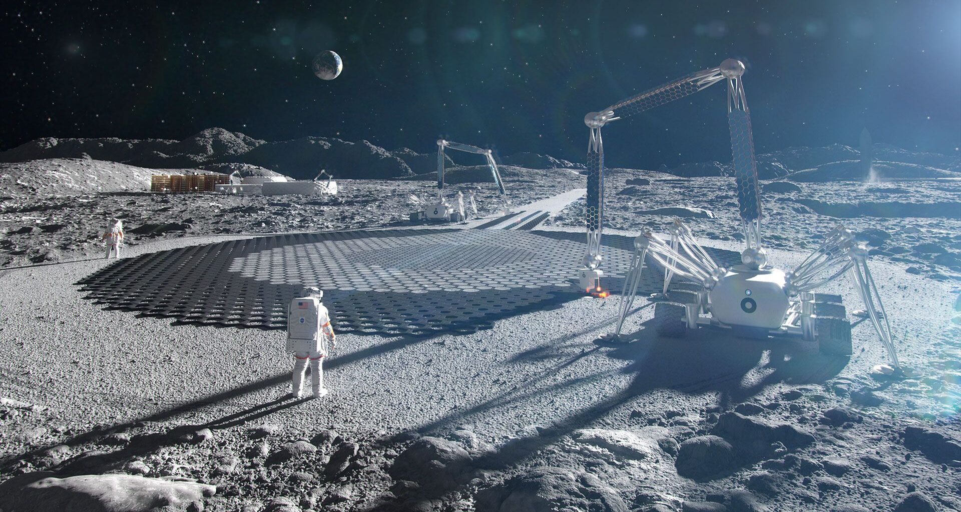 an artist's rendering of a NASA Artemis moon base with development underway.