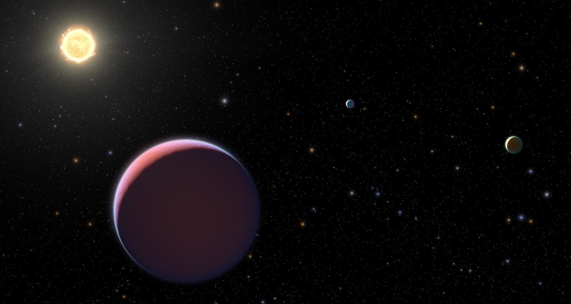 An illustration of three exoplanets in space. There's also a star in the background.
