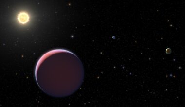 An illustration of three exoplanets in space. There's also a star in the background.