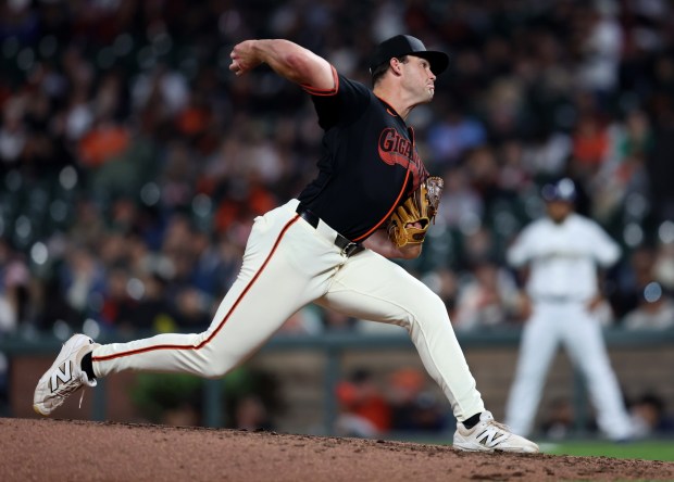 San Francisco Giants pitcher Carson Seymour #77 throws against the Sultanes de Monterrey in the sixth inning of their MLB game at Oracle Park in San Francisco, Calif., on Monday, March 23, 2026. (Jane Tyska/Bay Area News Group)