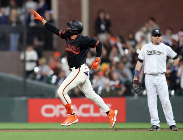 San Francisco Giants' Willy Adames #2 celebrates his home run in the sixth inning of their MLB game against the Sultanes de Monterrey at Oracle Park in San Francisco, Calif., on Monday, March 23, 2026. (Jane Tyska/Bay Area News Group)