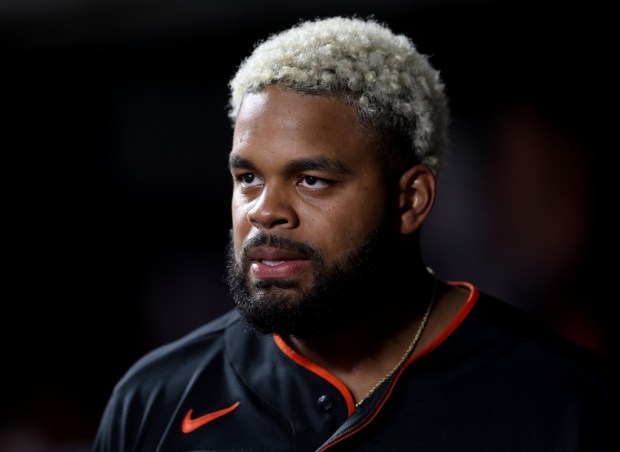 San Francisco Giants' Heliot Ramos #17 in the dugout during the sixth inning of their MLB game against the Sultanes de Monterrey at Oracle Park in San Francisco, Calif., on Monday, March 23, 2026. (Jane Tyska/Bay Area News Group)