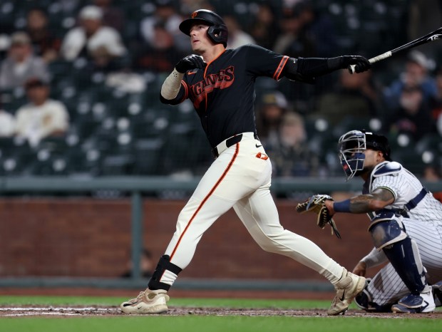 San Francisco Giants' Tyler Fitzgerald #49 hits a two-run home run in the eighth inning of their MLB game against the Sultanes de Monterrey at Oracle Park in San Francisco, Calif., on Monday, March 23, 2026. (Jane Tyska/Bay Area News Group)