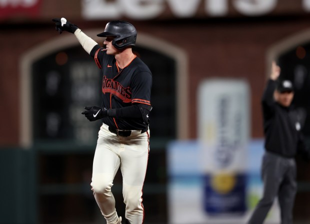 San Francisco Giants' Tyler Fitzgerald #49 celebrates his two-run home run in the eighth inning of their MLB game against the Sultanes de Monterrey at Oracle Park in San Francisco, Calif., on Monday, March 23, 2026. (Jane Tyska/Bay Area News Group)