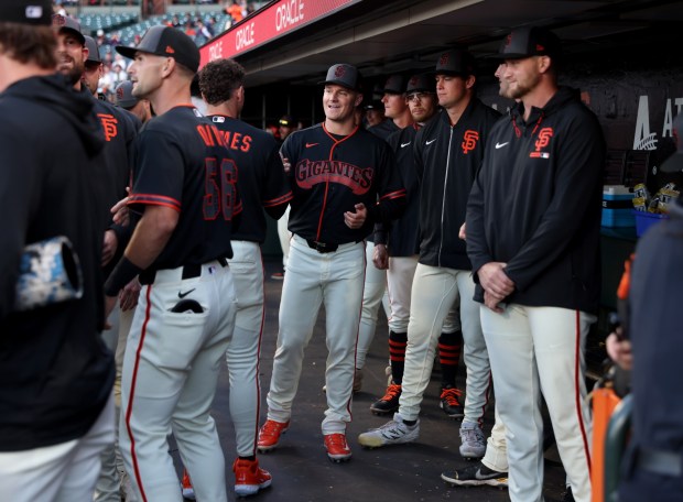 San Francisco Giants' Matt Chapman #26 is greeted by shortstop Willy Adames #2 before their MLB game against the Sultanes de Monterrey at Oracle Park in San Francisco, Calif., on Monday, March 23, 2026. (Jane Tyska/Bay Area News Group)