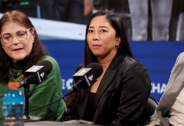 Golden State Valkyries head coach Natalie Nakase listens during a press conference with San Francisco Warriors 1969 draft pick Denise Long Rife, left, NBC Sports and Athletics broadcaster Jenny Cavnar and Naismith Basketball Hall of Famer Cheryl Miller, not pictured, during a press conference before the Warriors NBA game against the LA Clippers at the Chase Center in San Francisco, Calif., on Monday, March 2, 2026. (Jane Tyska/Bay Area News Group)