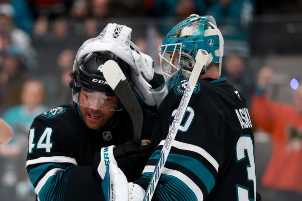 Kiefer Sherwood #44 and Yaroslav Askarov #30 of the San Jose Sharks congratulate one another after they beat the Montreal Canadiens at SAP Center on March 03, 2026 in San Jose, California. (Photo by Ezra Shaw/Getty Images)