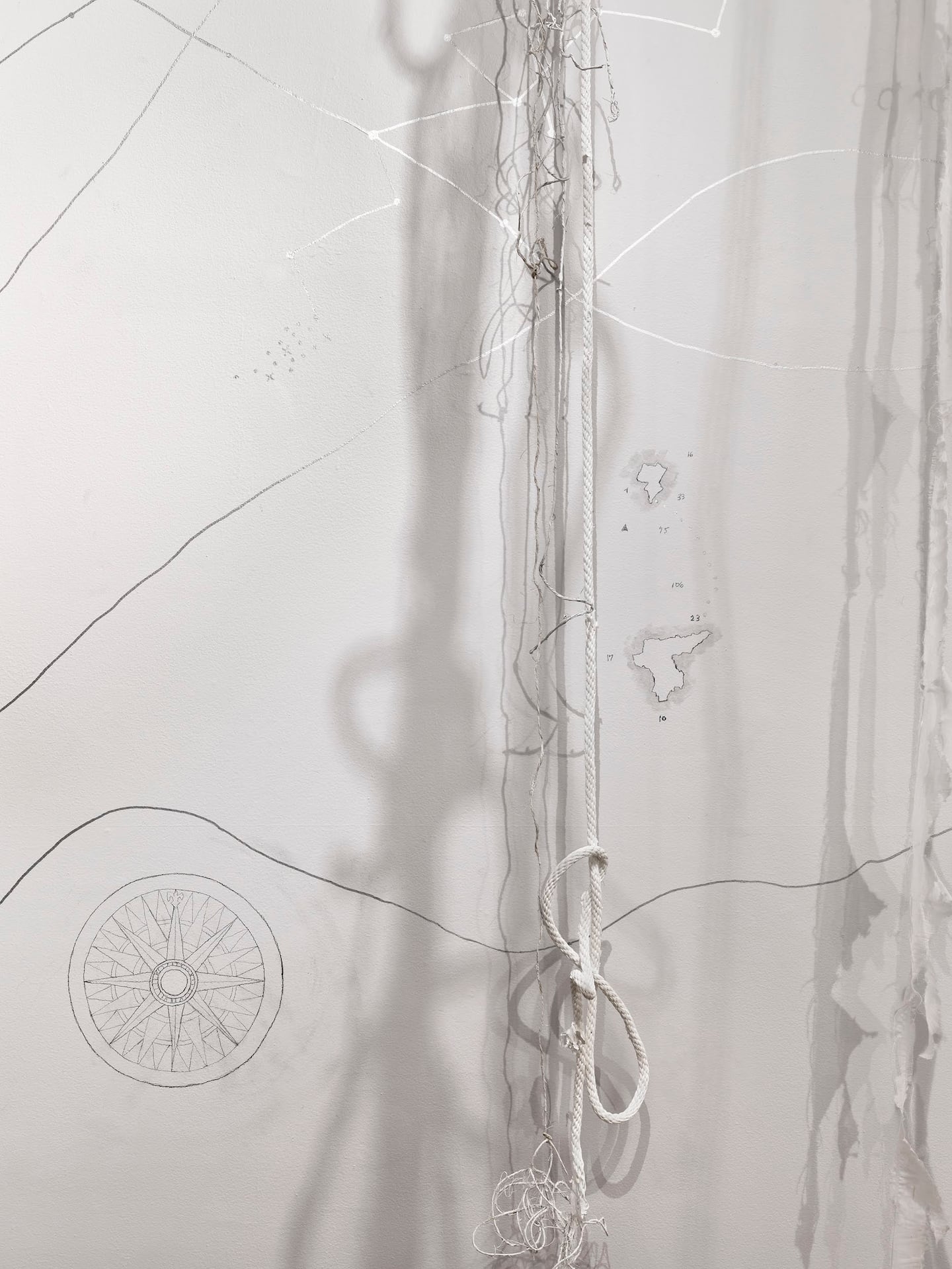 Heidi Whitman, "Ahab’s Head: American Vengeance" (wall detail), 2020-2025. Ink, gouache, acrylic, paper, canvas, cloth, string, rope, wood, Cinefoil, sound, and cast shadows. Dimensions variable.