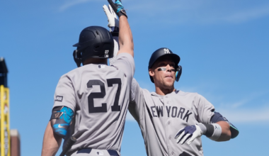 Two New York Yankees baseball players in gray uniforms high-five each other during a bright, sunny game.