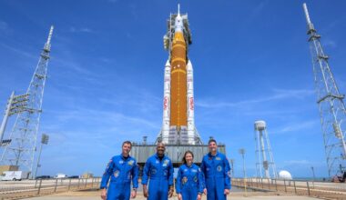 NASA's Artemis 2 astronauts pose with their Space Launch System rocket and Orion spacecraft at Pad 39B at the Kennedy Space Center in Florida on March 30, 2025