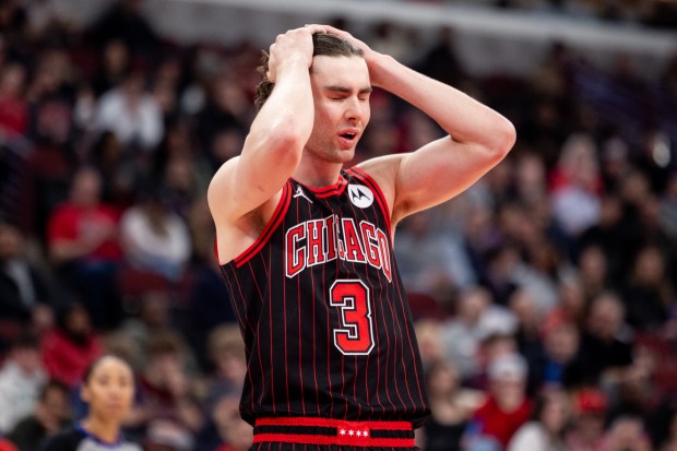 Bulls guard Josh Giddey reacts in the second half against the Trail Blazers at the United Center on Feb. 26, 2026. (Josh Boland/Chicago Tribune)