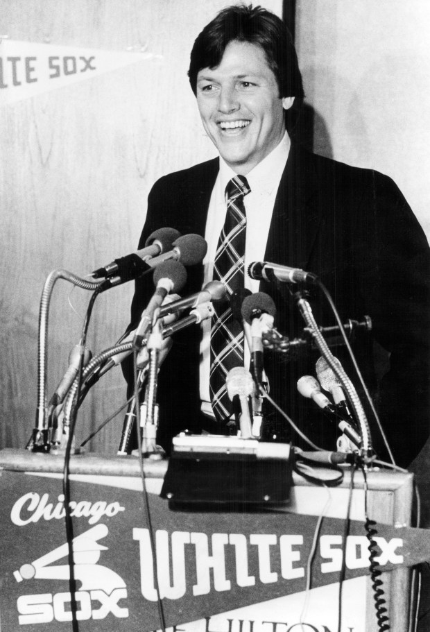 Carlton Fisk is all smiles as he answers questions at a press conference Monday, March 9, 1981, after agreeing to a White Sox contract. Fisk, a catcher, has spent his entire major league career with the Boston Red Sox. (Ovie Carter / Chicago Tribune) printed on March 10, 1981.