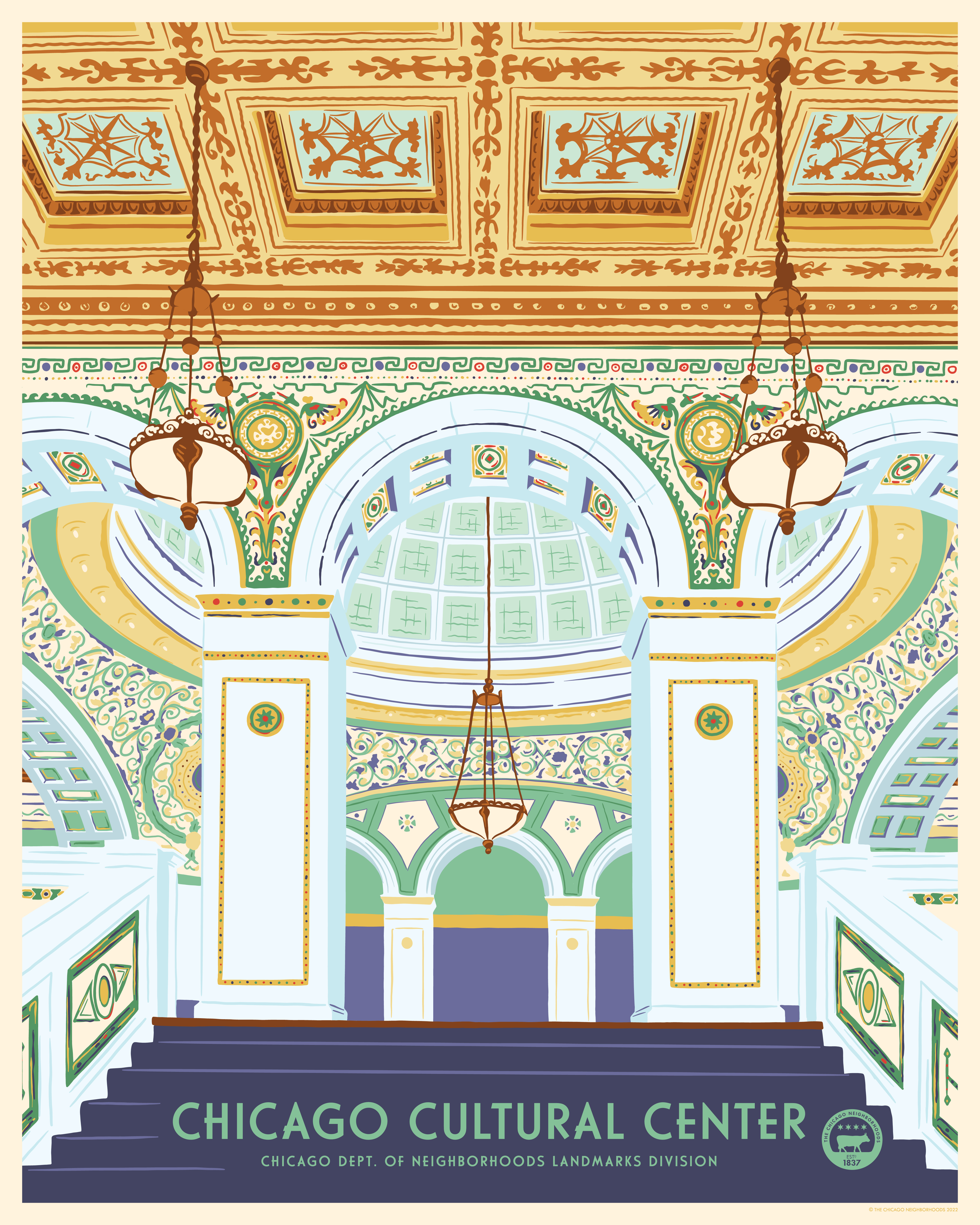 A poster of the Chicago Cultural Center created by artist...