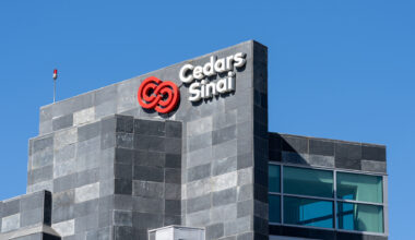 Los Angeles, CA, USA - July 7, 2022: Close up of Cedars Sinai logo on the building in Los Angeles, California, USA. Cedars-Sinai Medical Center is a nonprofit hospital and health science center.