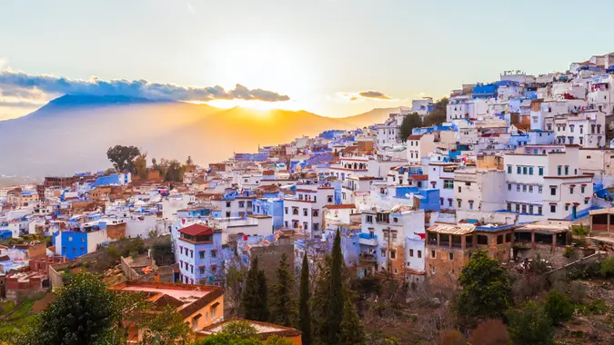 Chefchaouen aerial panoramic view at night.