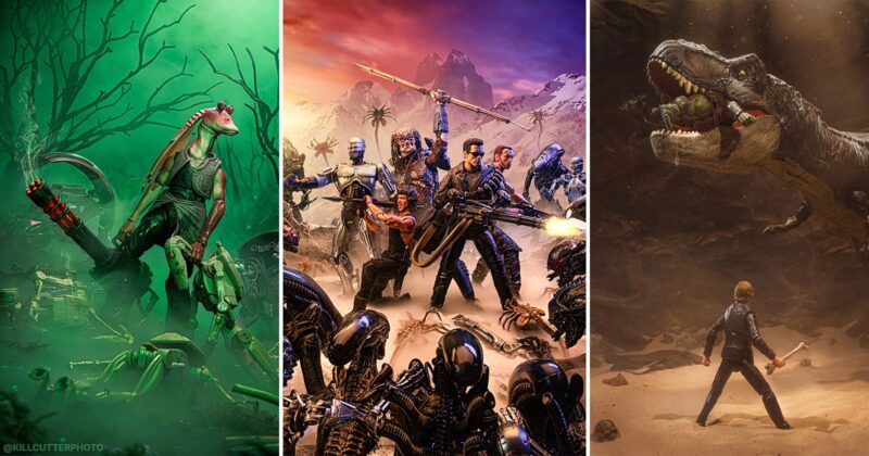 Three sci-fi and fantasy scenes: left, a cyborg dinosaur with a large gun; center, a group of armed heroes battling robots; right, a person faces a roaring T. rex holding a soldier in its mouth.