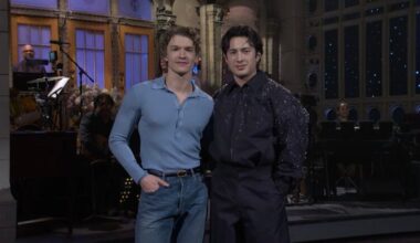 SNL recap: Host Connor Storrie (left) and "Heated Rivalry" costar Hudson Williams introduce musical guest Mumford & Sons on the Feb. 28, 2026 episode of "Saturday Night Live."