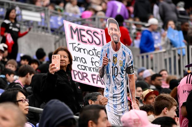 Fans show their support for soccer star Lionel Messi during Saturday's MLS game between Inter Miami and D.C. United at M&T Bank Stadium in Baltimore. (Kenneth K. Lam/Staff)