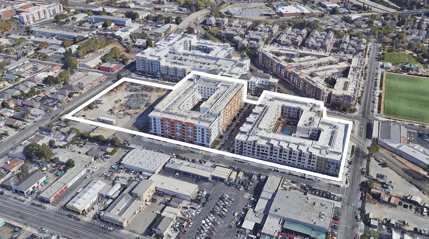 Silver at Ohlone, Patina at Midtown, and 860 West San Carlos Street from left to right, image via Google Street View outlined by YIMBY