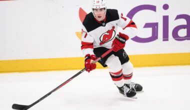 New Jersey Devils defenseman Simon Nemec (17) in action during the overtime of an NHL hockey game against the Washington Capitals, Saturday, Nov. 15, 2025, in Washington.