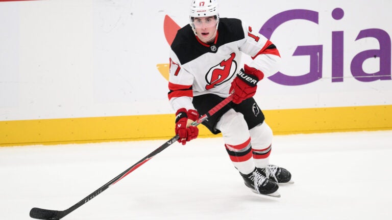 New Jersey Devils defenseman Simon Nemec (17) in action during the overtime of an NHL hockey game against the Washington Capitals, Saturday, Nov. 15, 2025, in Washington.