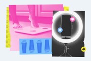 A collage-style illustration shows bare feet standing on a digital bathroom scale tinted pink, with a yellow measuring tape along the side. In the foreground are blue protein shaker bottles, and to the right a smartphone sits in a ring light on a tripod with social media icons.