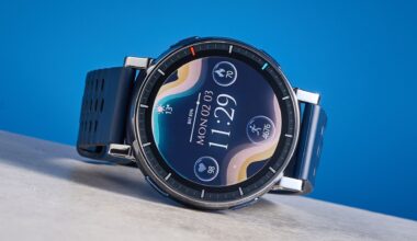 the amazfit active 3 premium photographed against the blue tom's guide background