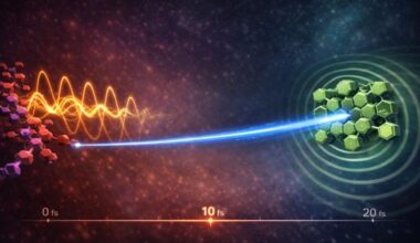 An illustration showing a green hexagonal molecule on the right connects with a series of glowing waves on the left with a bright blue line
