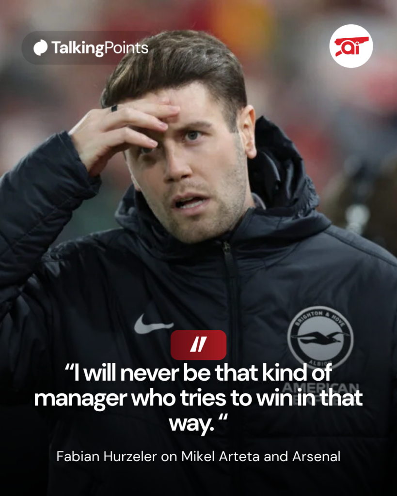 Image of Fabian Hurzeler looking dejected during Brighton vs Arsenal, overlaid his comments on Mikel Arteta