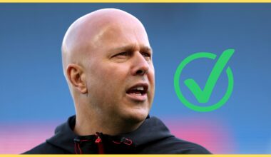 Arne Slot looks on in shock next to green checkmark.