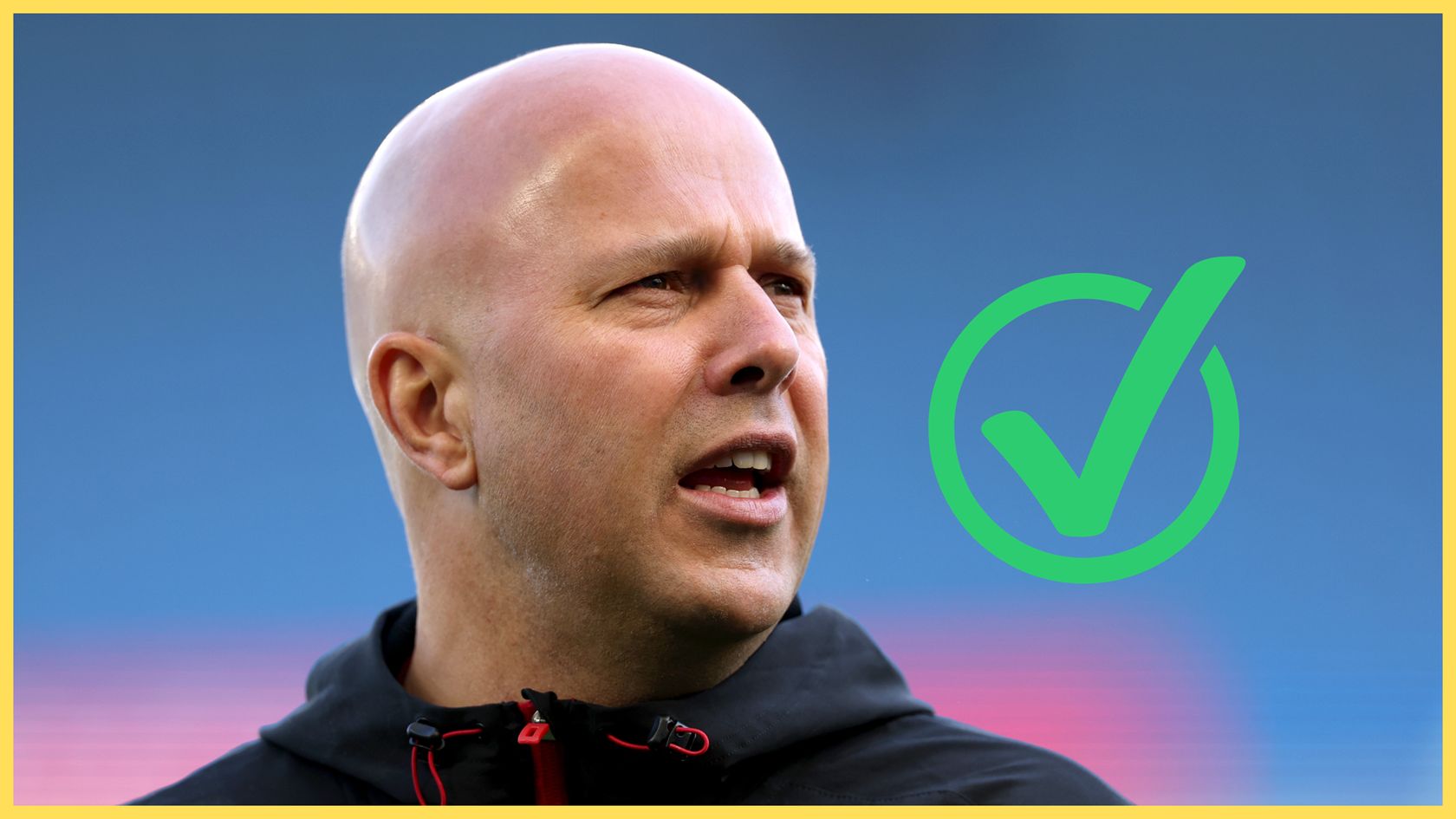 Arne Slot looks on in shock next to green checkmark.