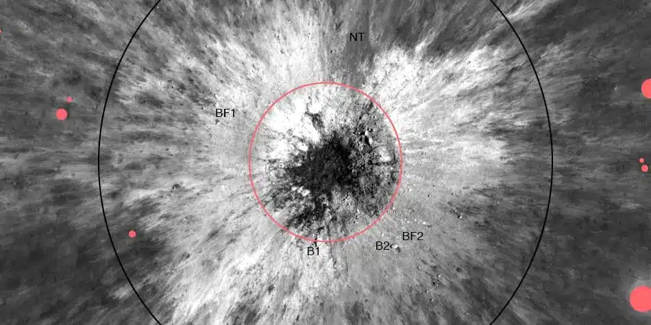 Fresh Moon Crater Showing Impact Center (red Circle) And Surrounding Debris Distribution