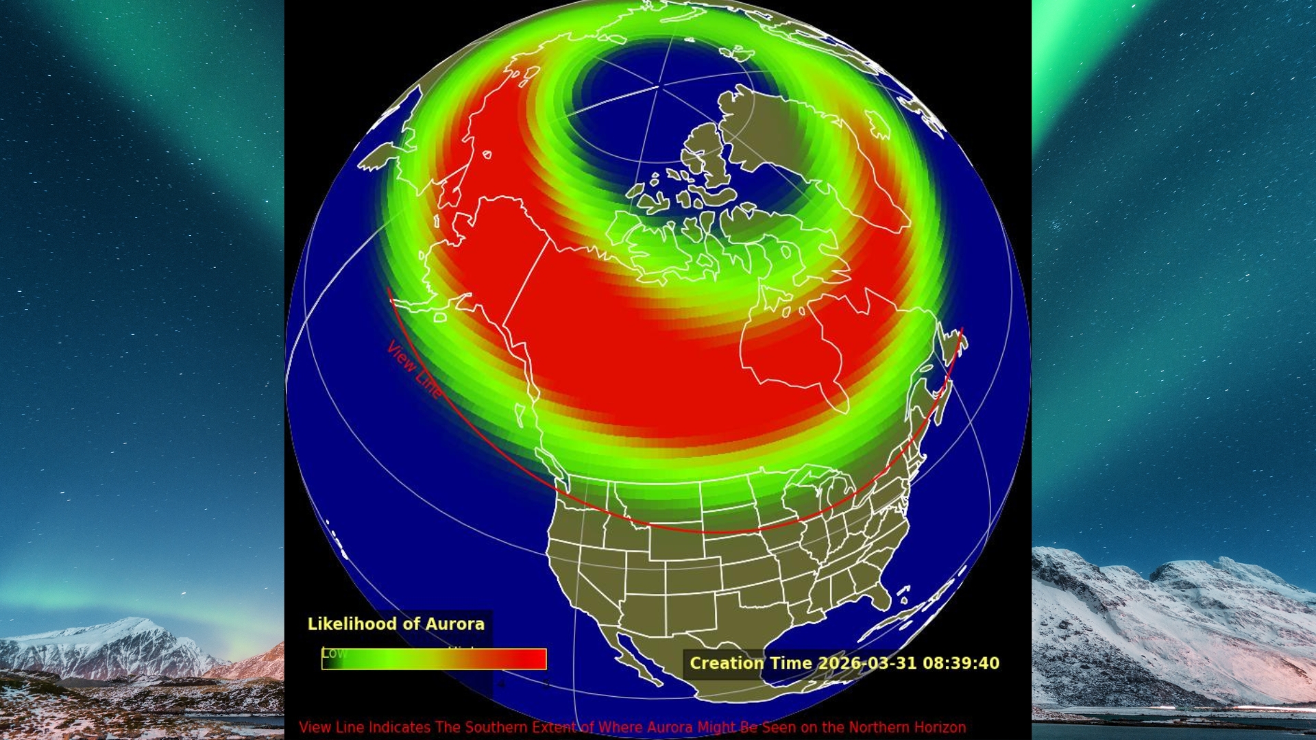 Aurora forecast maps for tonight showing possible aurora view line covering 16 us states. In the background is a image of green ribbons of auroras shining over snowcapped mountains.