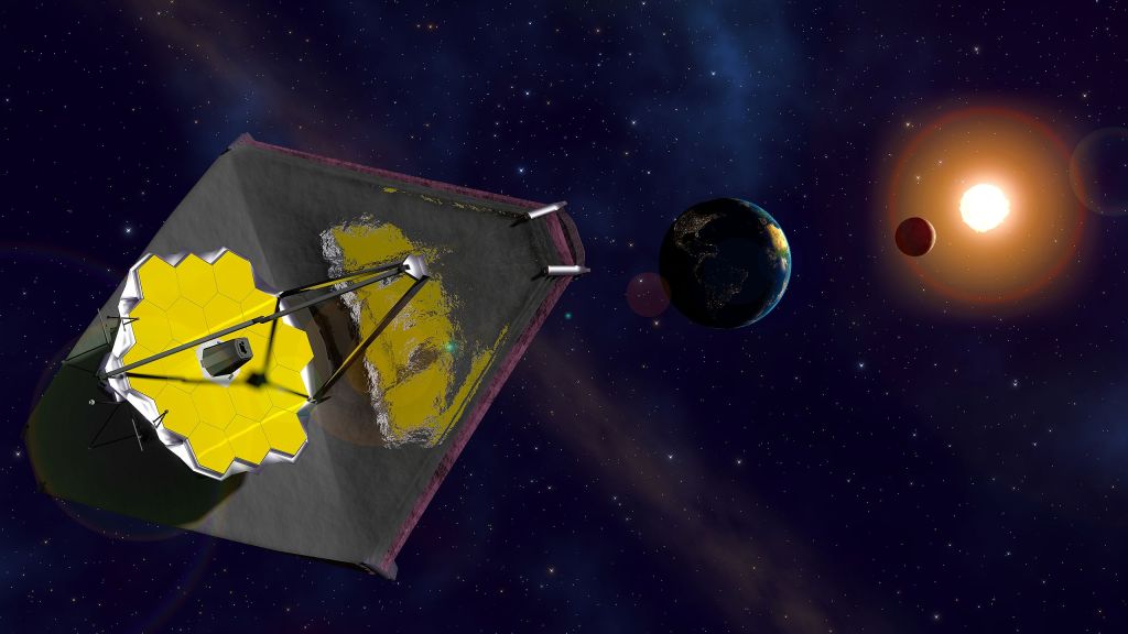 A space probe with a yellow shield and silver apparatus connected to it is illustrated. There's Earth in the background and the sun even farther back.