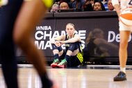 Dallas Wings guard Paige Bueckers (5) waits for returning to the court during the second...