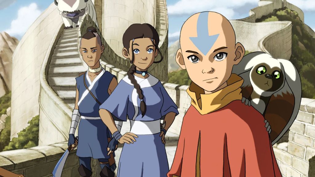Appa, Sokka, Katara, Aang, and Momo standing before a staircase in Avatar: The Last Airbender image
