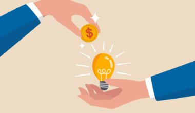Crowd funding, new business or start up company to get money or venture capital to support or sponsor business concept, businessman hand giving money dollar coin to new business idea light bulb.