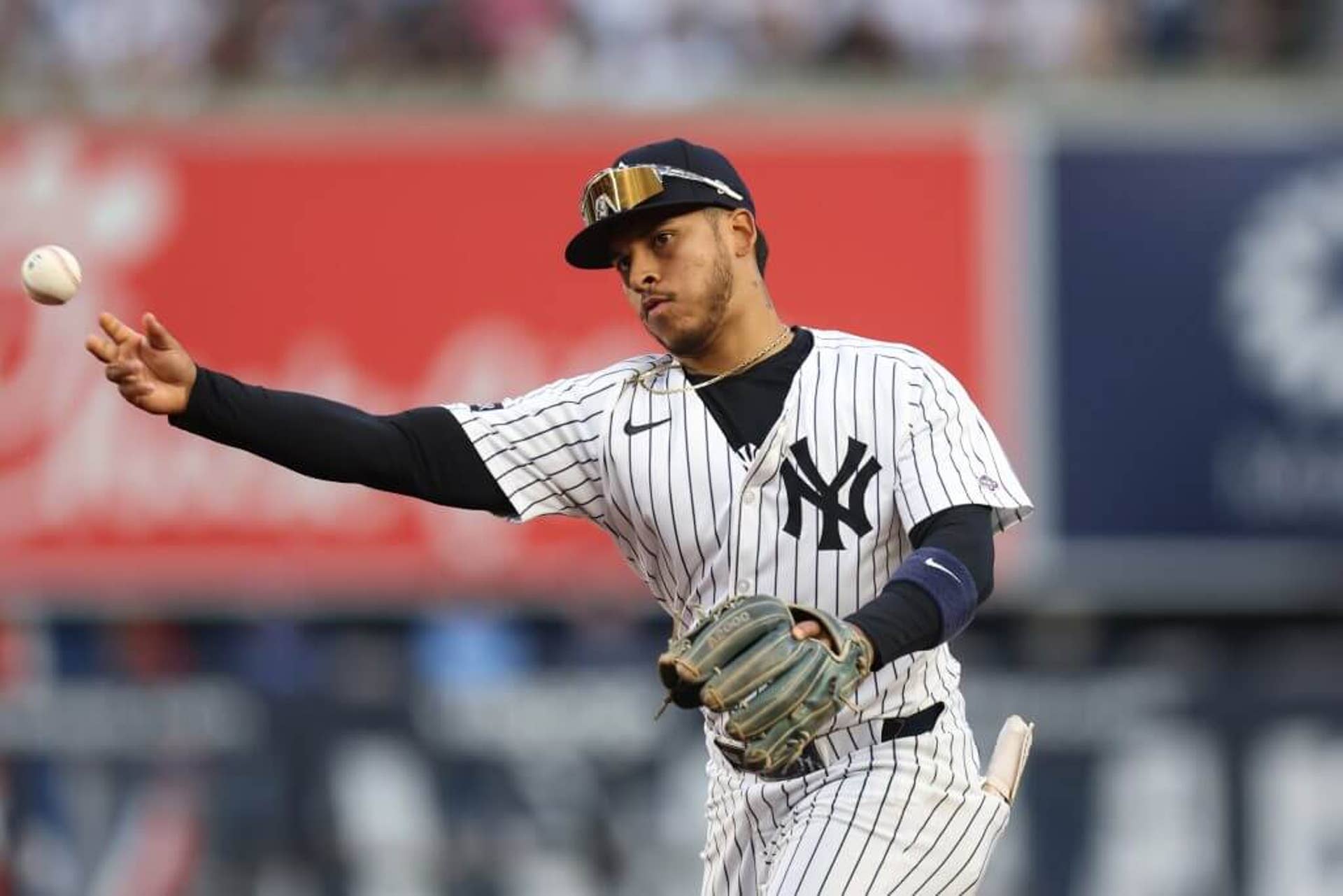 Jorbit Vivas throws to first base during his MLB debut on May 2, 2025.