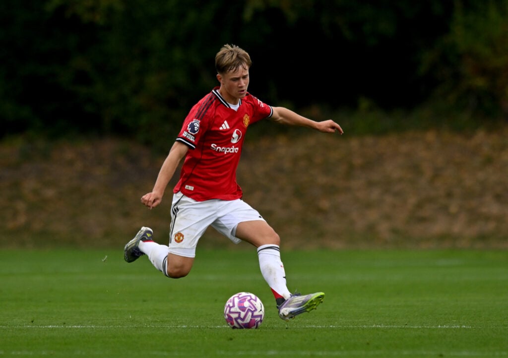 Manchester United academy star Jim Thwaites playing in the Under-18s.