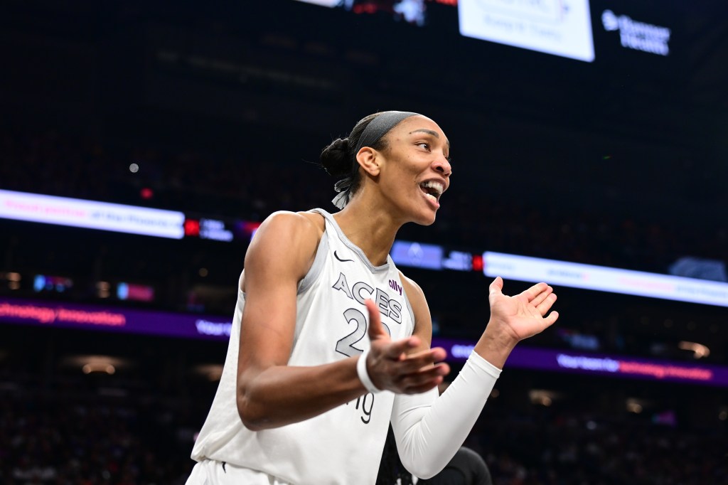 A'ja Wilson celebrates winning the 2025 WNBA Finals for the Aces.