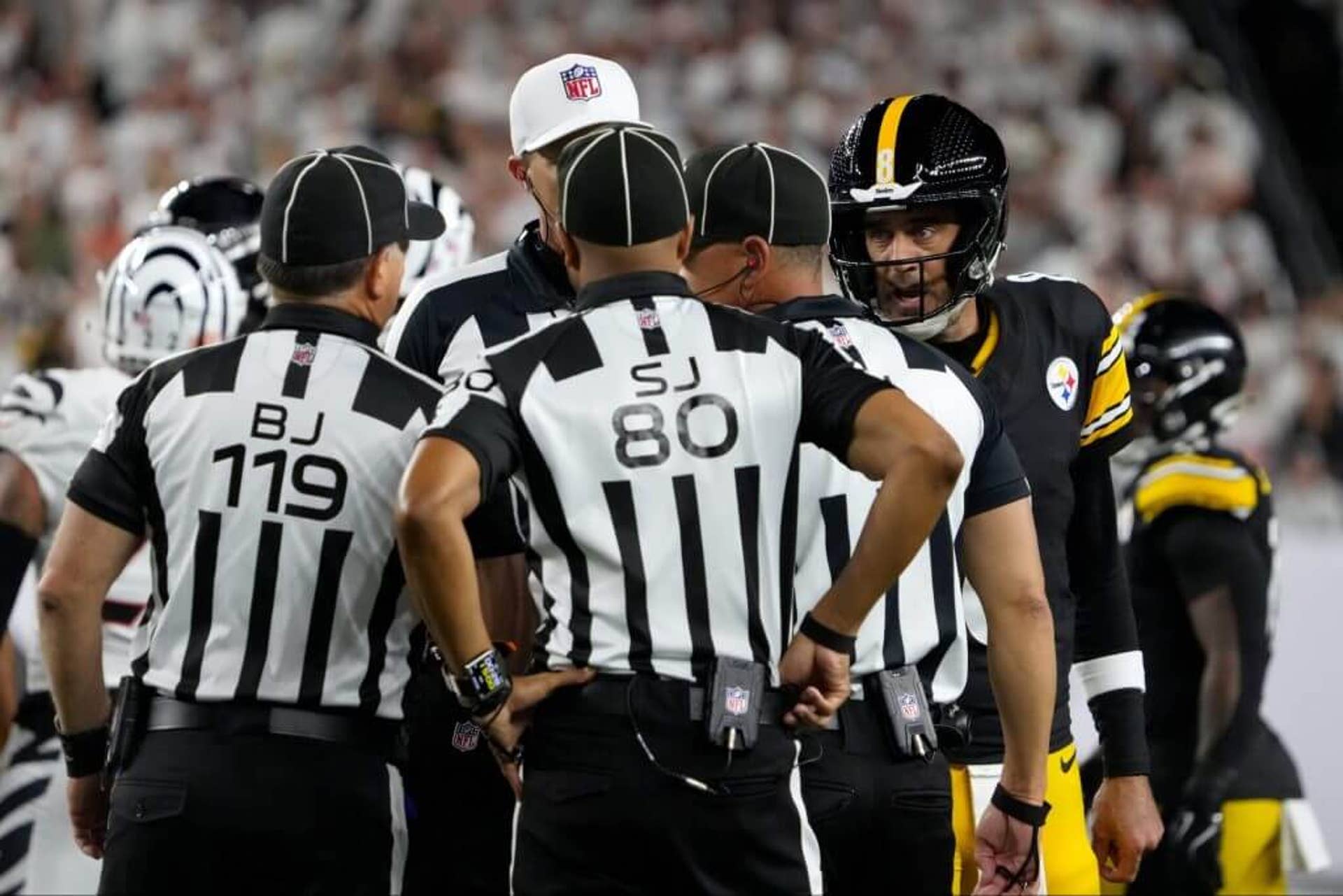 Aaron Rodgers of the Pittsburgh Steelers argues with officials during a game against the Cincinnati Bengals.