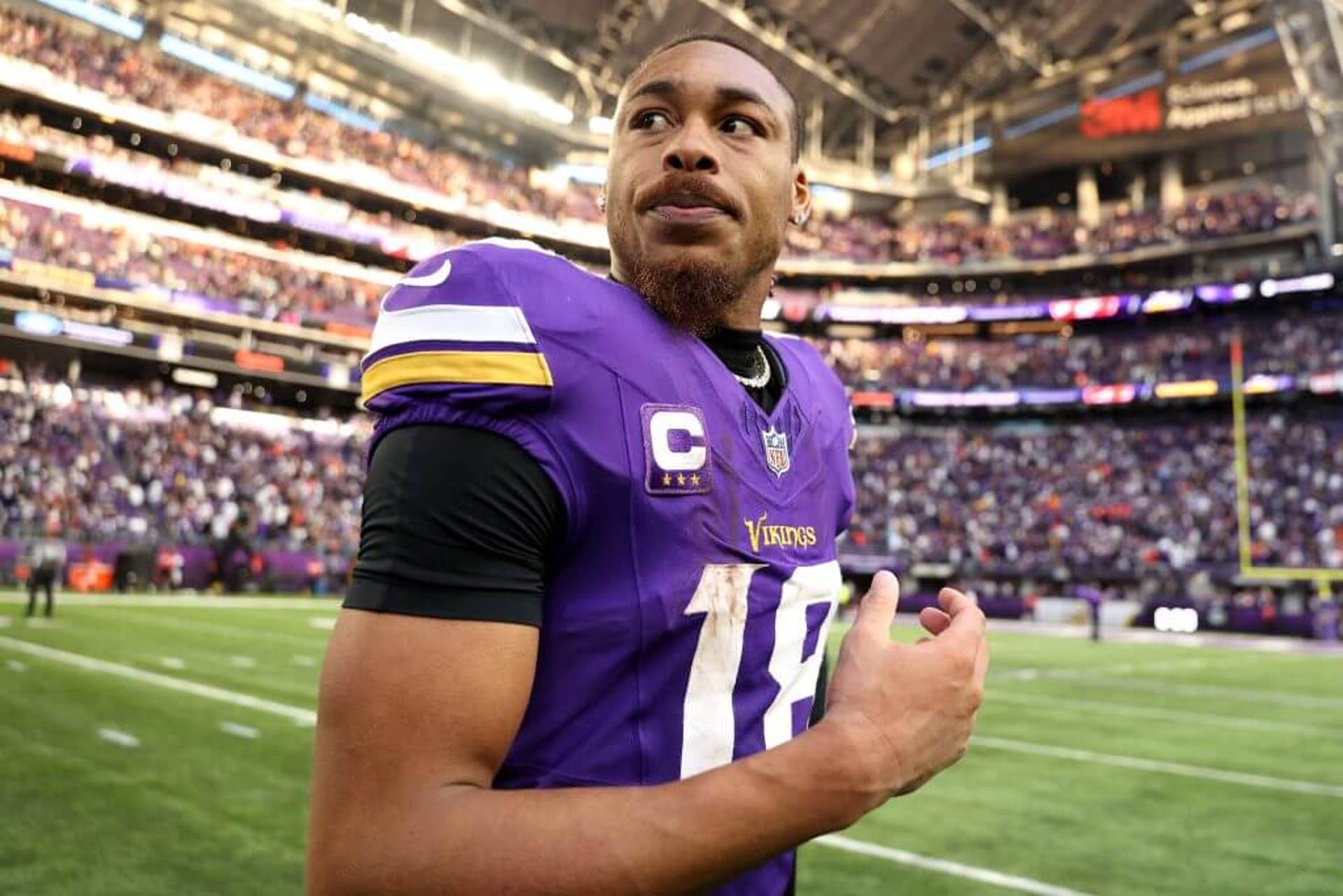 Minnesota Vikings wide receiver Justin Jefferson looks on after a game against the Chicago Bears at U.S. Bank Stadium.