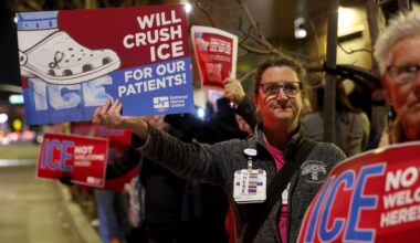 Nurse practitioner Sarah Malin-Roodman attends a protest outside of UCSF Benioff Children