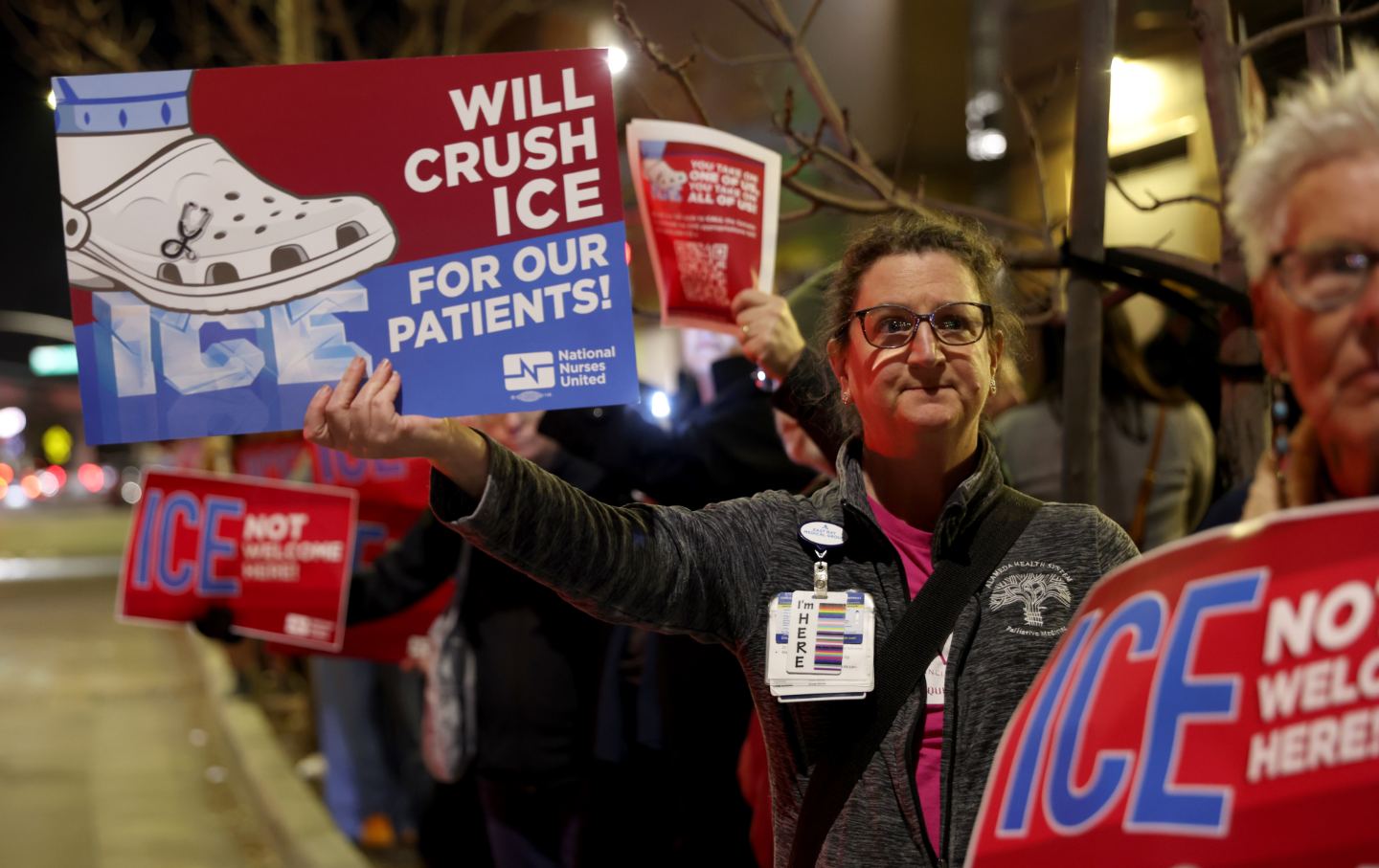 Nurse practitioner Sarah Malin-Roodman attends a protest outside of UCSF Benioff Children